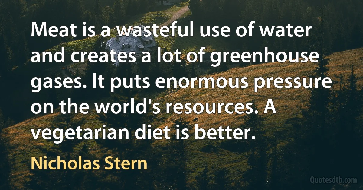 Meat is a wasteful use of water and creates a lot of greenhouse gases. It puts enormous pressure on the world's resources. A vegetarian diet is better. (Nicholas Stern)