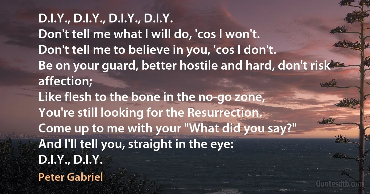 D.I.Y., D.I.Y., D.I.Y., D.I.Y.
Don't tell me what I will do, 'cos I won't.
Don't tell me to believe in you, 'cos I don't.
Be on your guard, better hostile and hard, don't risk affection;
Like flesh to the bone in the no-go zone,
You're still looking for the Resurrection.
Come up to me with your "What did you say?"
And I'll tell you, straight in the eye:
D.I.Y., D.I.Y. (Peter Gabriel)