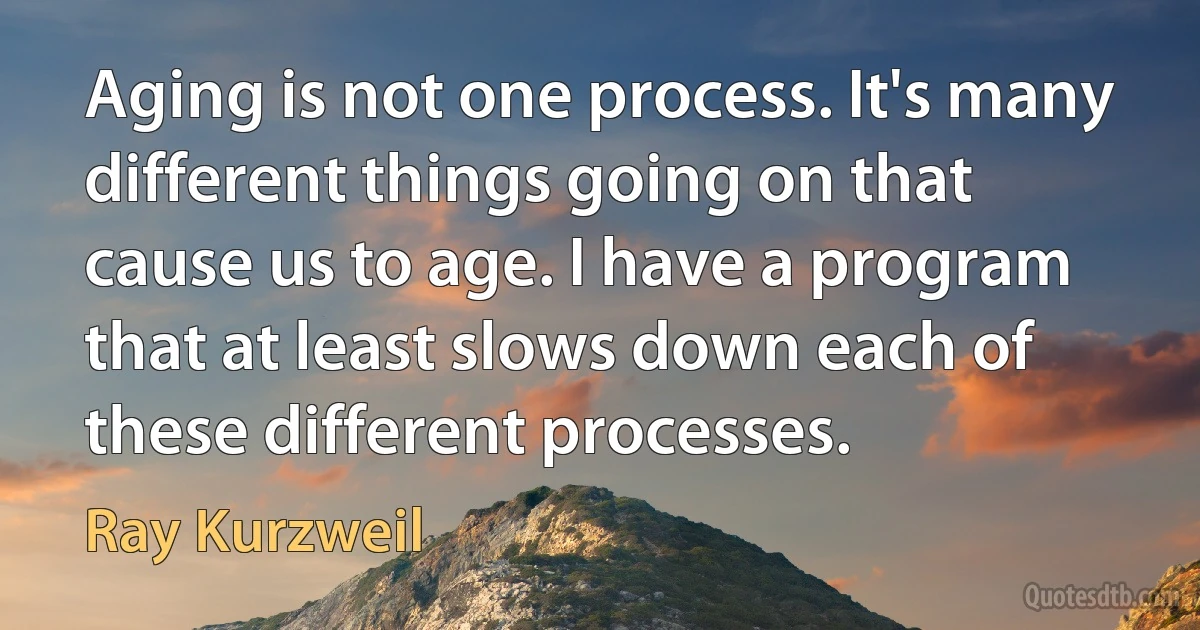 Aging is not one process. It's many different things going on that cause us to age. I have a program that at least slows down each of these different processes. (Ray Kurzweil)