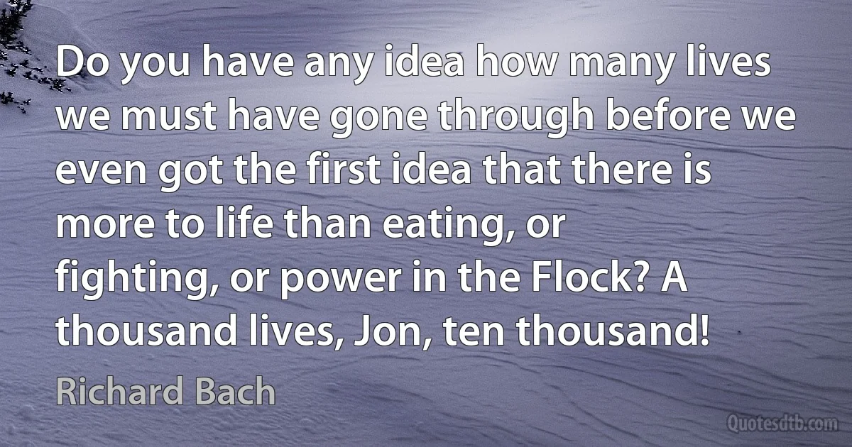 Do you have any idea how many lives we must have gone through before we even got the first idea that there is more to life than eating, or fighting, or power in the Flock? A thousand lives, Jon, ten thousand! (Richard Bach)