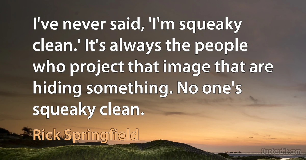 I've never said, 'I'm squeaky clean.' It's always the people who project that image that are hiding something. No one's squeaky clean. (Rick Springfield)