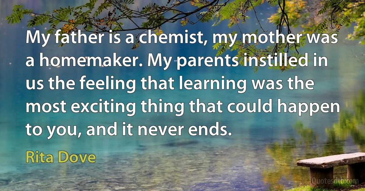 My father is a chemist, my mother was a homemaker. My parents instilled in us the feeling that learning was the most exciting thing that could happen to you, and it never ends. (Rita Dove)