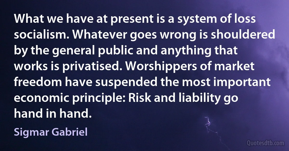 What we have at present is a system of loss socialism. Whatever goes wrong is shouldered by the general public and anything that works is privatised. Worshippers of market freedom have suspended the most important economic principle: Risk and liability go hand in hand. (Sigmar Gabriel)