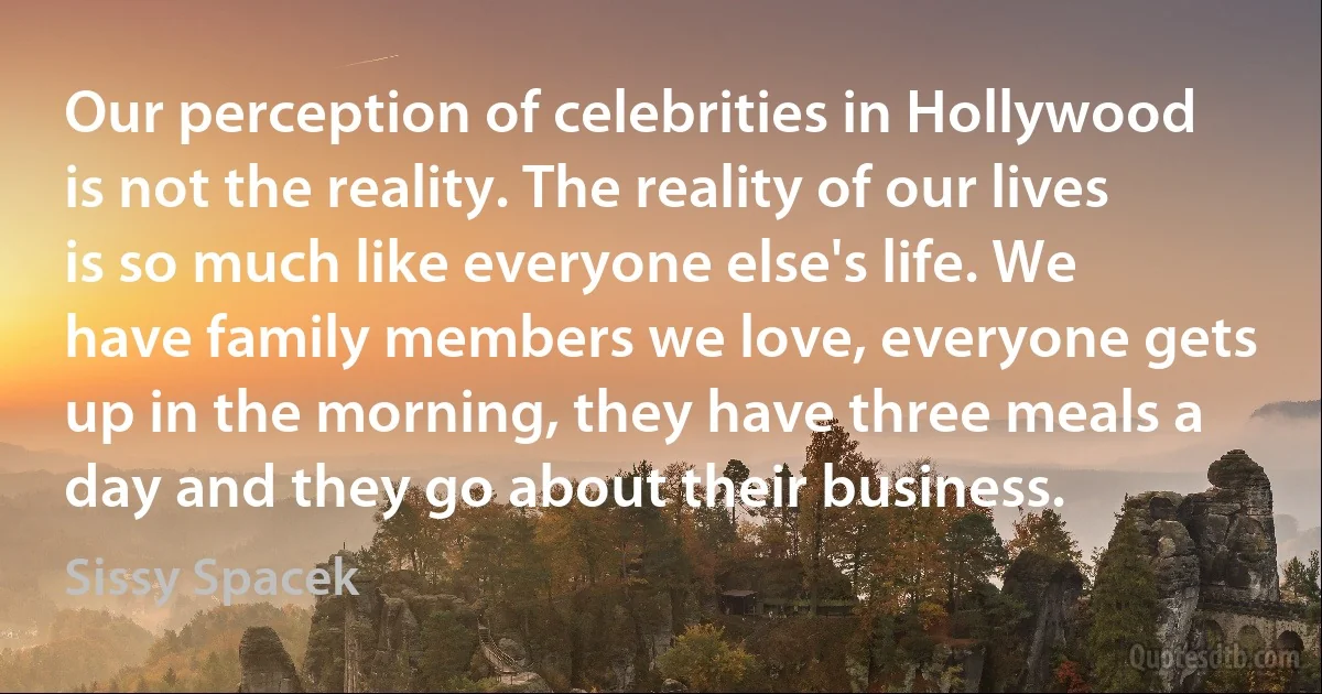 Our perception of celebrities in Hollywood is not the reality. The reality of our lives is so much like everyone else's life. We have family members we love, everyone gets up in the morning, they have three meals a day and they go about their business. (Sissy Spacek)