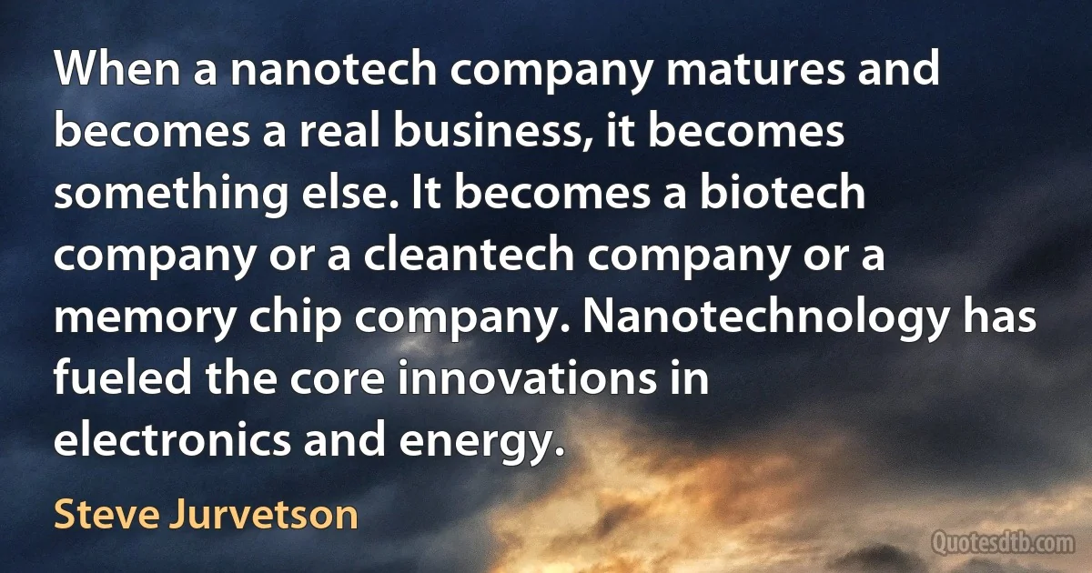 When a nanotech company matures and becomes a real business, it becomes something else. It becomes a biotech company or a cleantech company or a memory chip company. Nanotechnology has fueled the core innovations in electronics and energy. (Steve Jurvetson)