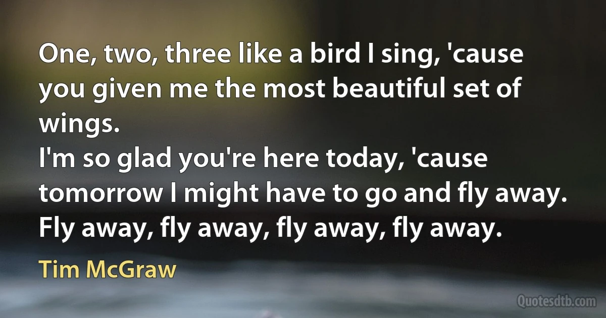 One, two, three like a bird I sing, 'cause you given me the most beautiful set of wings.
I'm so glad you're here today, 'cause tomorrow I might have to go and fly away. Fly away, fly away, fly away, fly away. (Tim McGraw)