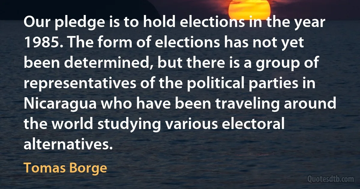 Our pledge is to hold elections in the year 1985. The form of elections has not yet been determined, but there is a group of representatives of the political parties in Nicaragua who have been traveling around the world studying various electoral alternatives. (Tomas Borge)