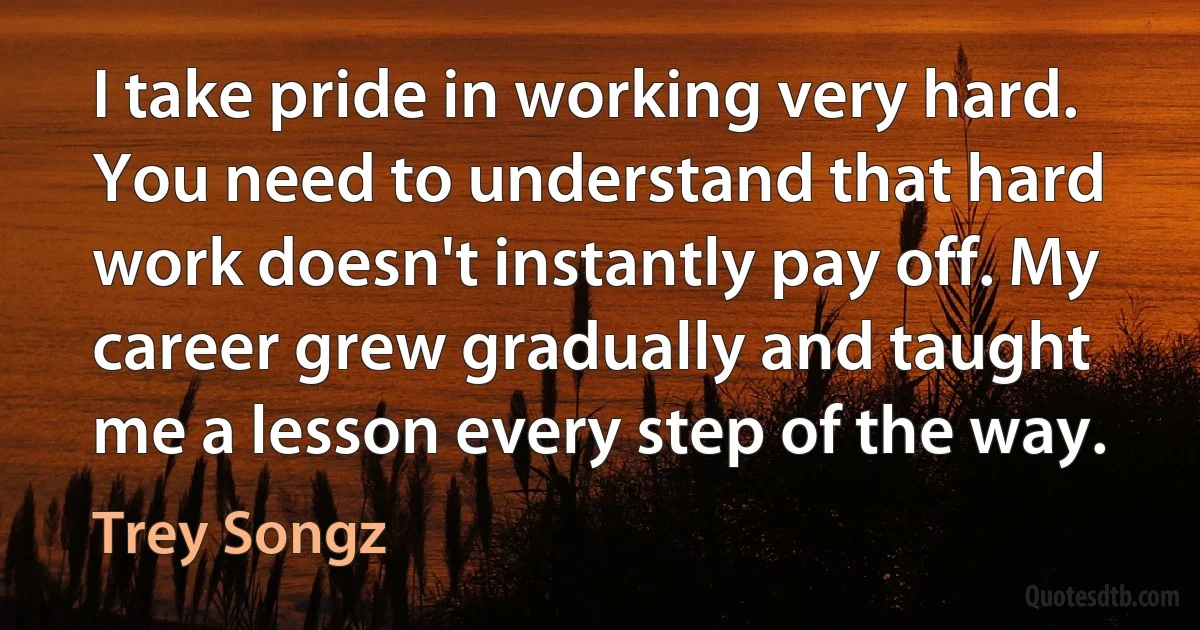 I take pride in working very hard. You need to understand that hard work doesn't instantly pay off. My career grew gradually and taught me a lesson every step of the way. (Trey Songz)