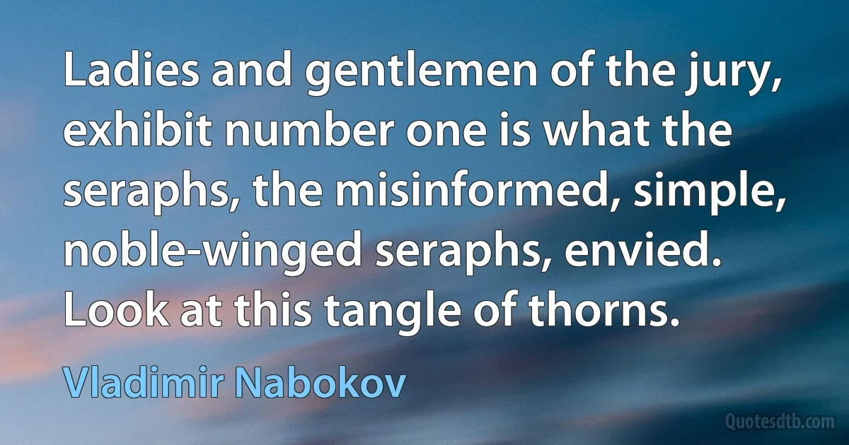 Ladies and gentlemen of the jury, exhibit number one is what the seraphs, the misinformed, simple, noble-winged seraphs, envied. Look at this tangle of thorns. (Vladimir Nabokov)