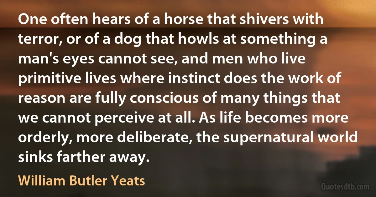 One often hears of a horse that shivers with terror, or of a dog that howls at something a man's eyes cannot see, and men who live primitive lives where instinct does the work of reason are fully conscious of many things that we cannot perceive at all. As life becomes more orderly, more deliberate, the supernatural world sinks farther away. (William Butler Yeats)