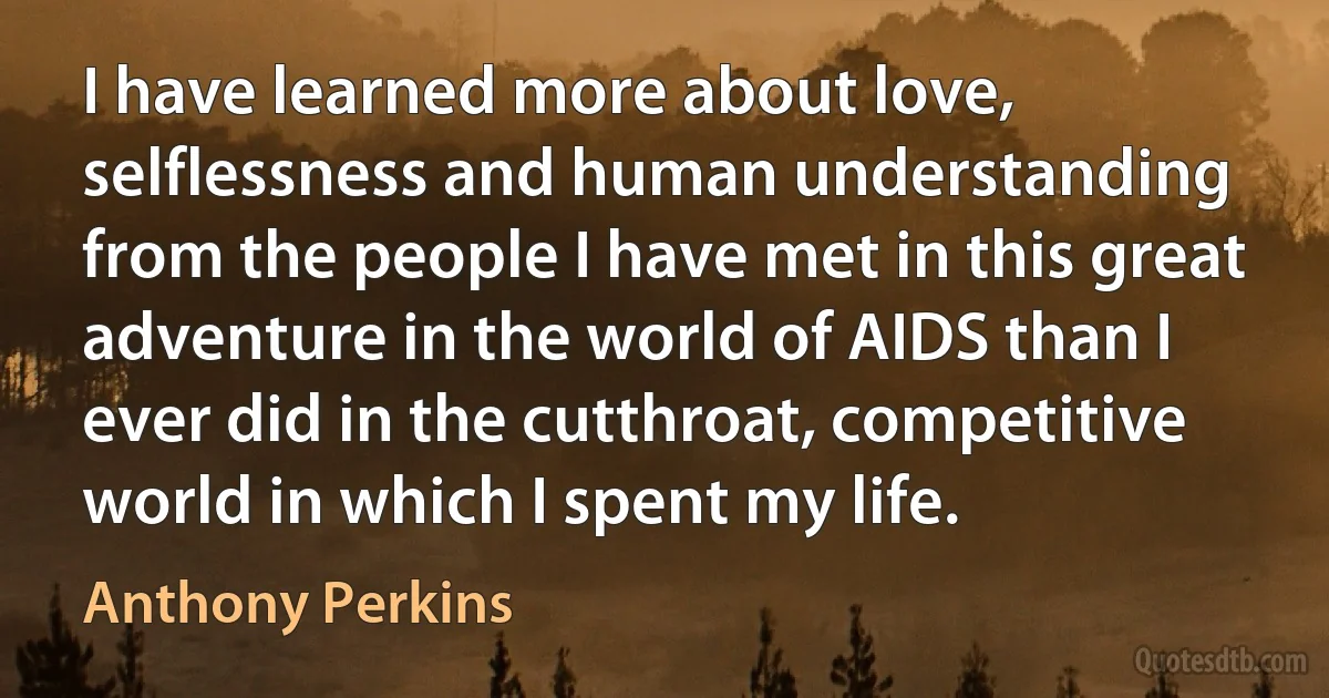 I have learned more about love, selflessness and human understanding from the people I have met in this great adventure in the world of AIDS than I ever did in the cutthroat, competitive world in which I spent my life. (Anthony Perkins)