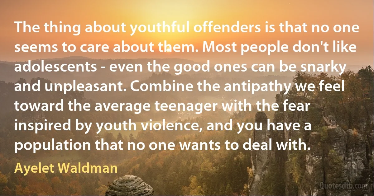 The thing about youthful offenders is that no one seems to care about them. Most people don't like adolescents - even the good ones can be snarky and unpleasant. Combine the antipathy we feel toward the average teenager with the fear inspired by youth violence, and you have a population that no one wants to deal with. (Ayelet Waldman)