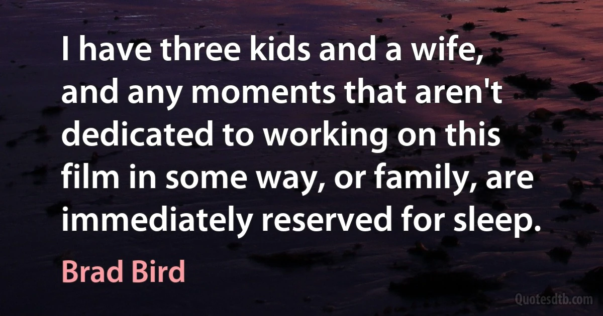 I have three kids and a wife, and any moments that aren't dedicated to working on this film in some way, or family, are immediately reserved for sleep. (Brad Bird)