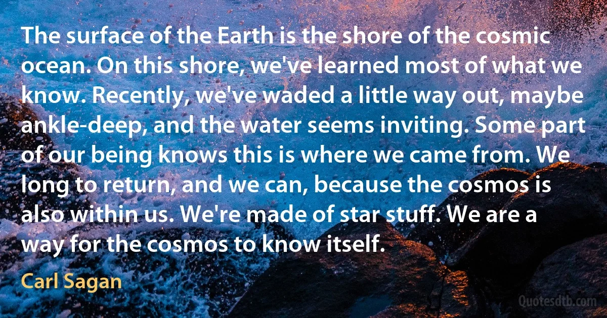 The surface of the Earth is the shore of the cosmic ocean. On this shore, we've learned most of what we know. Recently, we've waded a little way out, maybe ankle-deep, and the water seems inviting. Some part of our being knows this is where we came from. We long to return, and we can, because the cosmos is also within us. We're made of star stuff. We are a way for the cosmos to know itself. (Carl Sagan)