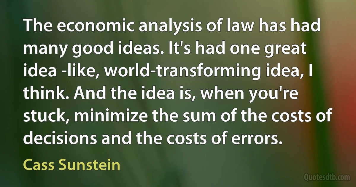 The economic analysis of law has had many good ideas. It's had one great idea -like, world-transforming idea, I think. And the idea is, when you're stuck, minimize the sum of the costs of decisions and the costs of errors. (Cass Sunstein)