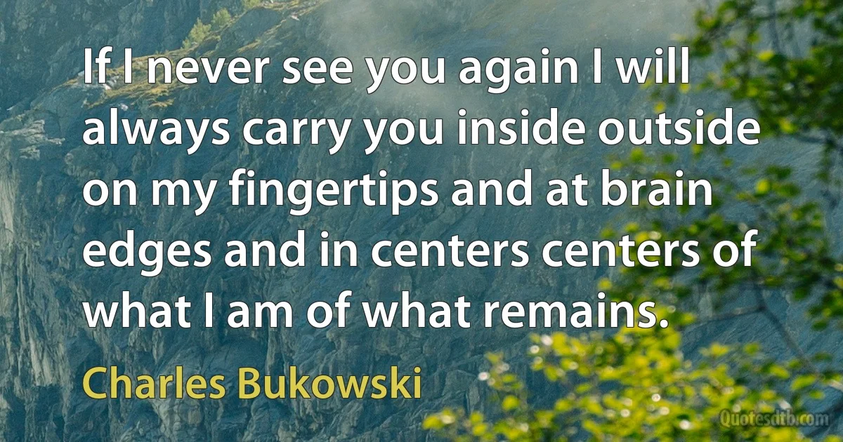 If I never see you again I will always carry you inside outside on my fingertips and at brain edges and in centers centers of what I am of what remains. (Charles Bukowski)