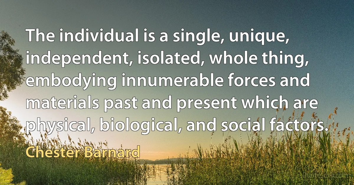 The individual is a single, unique, independent, isolated, whole thing, embodying innumerable forces and materials past and present which are physical, biological, and social factors. (Chester Barnard)