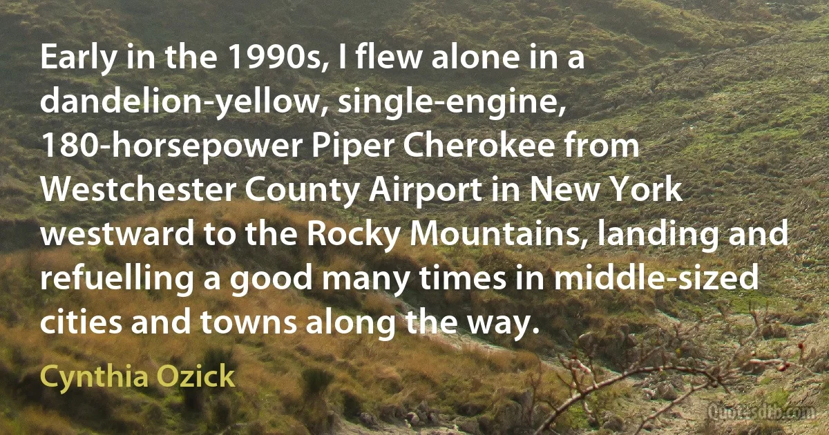 Early in the 1990s, I flew alone in a dandelion-yellow, single-engine, 180-horsepower Piper Cherokee from Westchester County Airport in New York westward to the Rocky Mountains, landing and refuelling a good many times in middle-sized cities and towns along the way. (Cynthia Ozick)