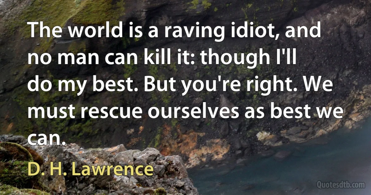 The world is a raving idiot, and no man can kill it: though I'll do my best. But you're right. We must rescue ourselves as best we can. (D. H. Lawrence)