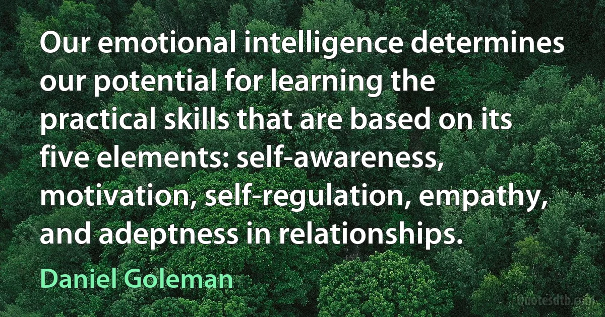 Our emotional intelligence determines our potential for learning the practical skills that are based on its five elements: self-awareness, motivation, self-regulation, empathy, and adeptness in relationships. (Daniel Goleman)