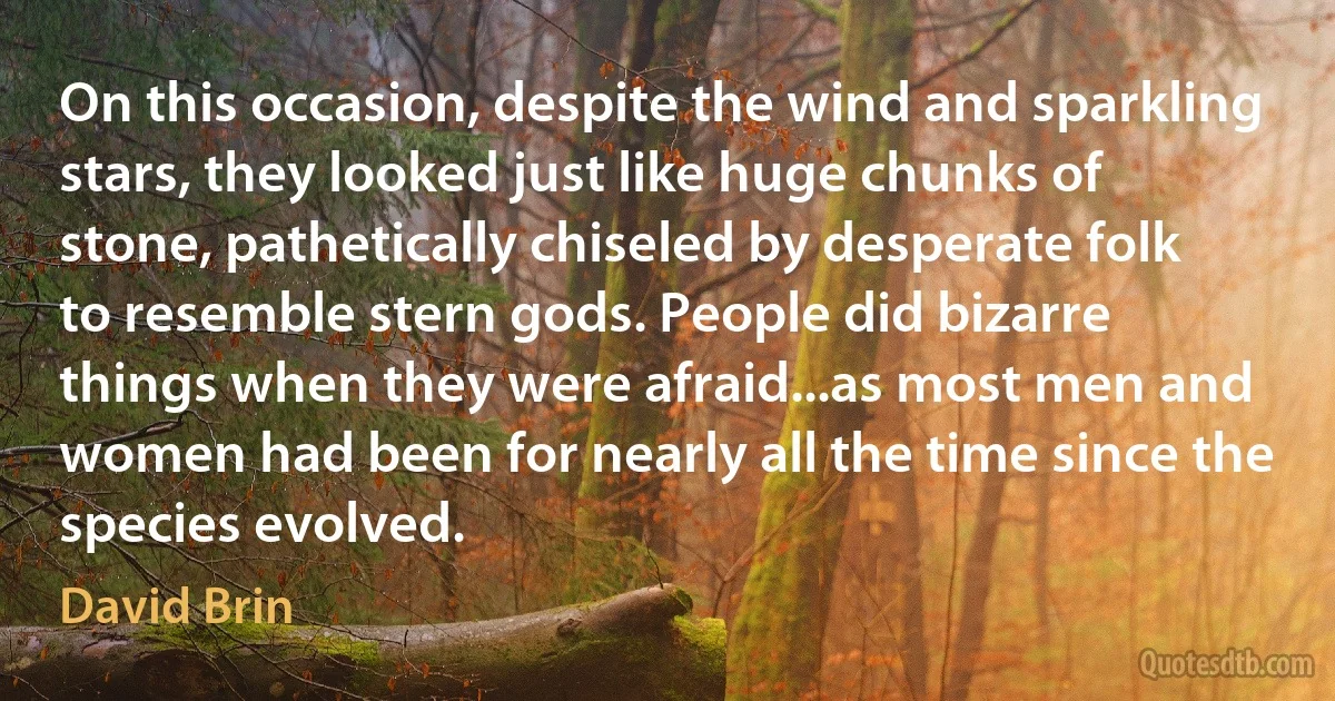 On this occasion, despite the wind and sparkling stars, they looked just like huge chunks of stone, pathetically chiseled by desperate folk to resemble stern gods. People did bizarre things when they were afraid...as most men and women had been for nearly all the time since the species evolved. (David Brin)