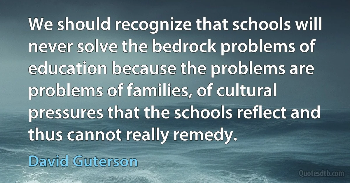 We should recognize that schools will never solve the bedrock problems of education because the problems are problems of families, of cultural pressures that the schools reflect and thus cannot really remedy. (David Guterson)