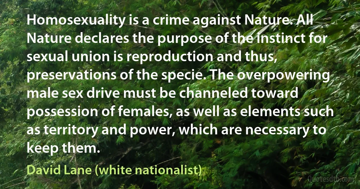 Homosexuality is a crime against Nature. All Nature declares the purpose of the instinct for sexual union is reproduction and thus, preservations of the specie. The overpowering male sex drive must be channeled toward possession of females, as well as elements such as territory and power, which are necessary to keep them. (David Lane (white nationalist))