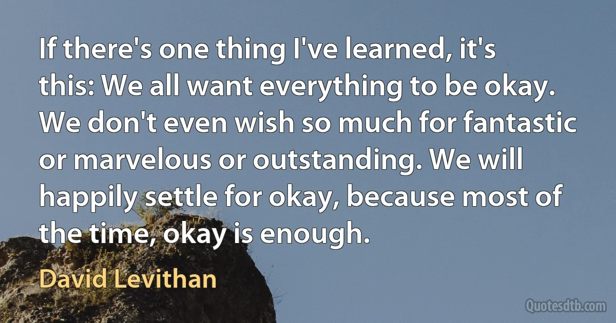 If there's one thing I've learned, it's this: We all want everything to be okay. We don't even wish so much for fantastic or marvelous or outstanding. We will happily settle for okay, because most of the time, okay is enough. (David Levithan)