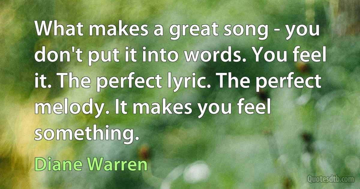 What makes a great song - you don't put it into words. You feel it. The perfect lyric. The perfect melody. It makes you feel something. (Diane Warren)