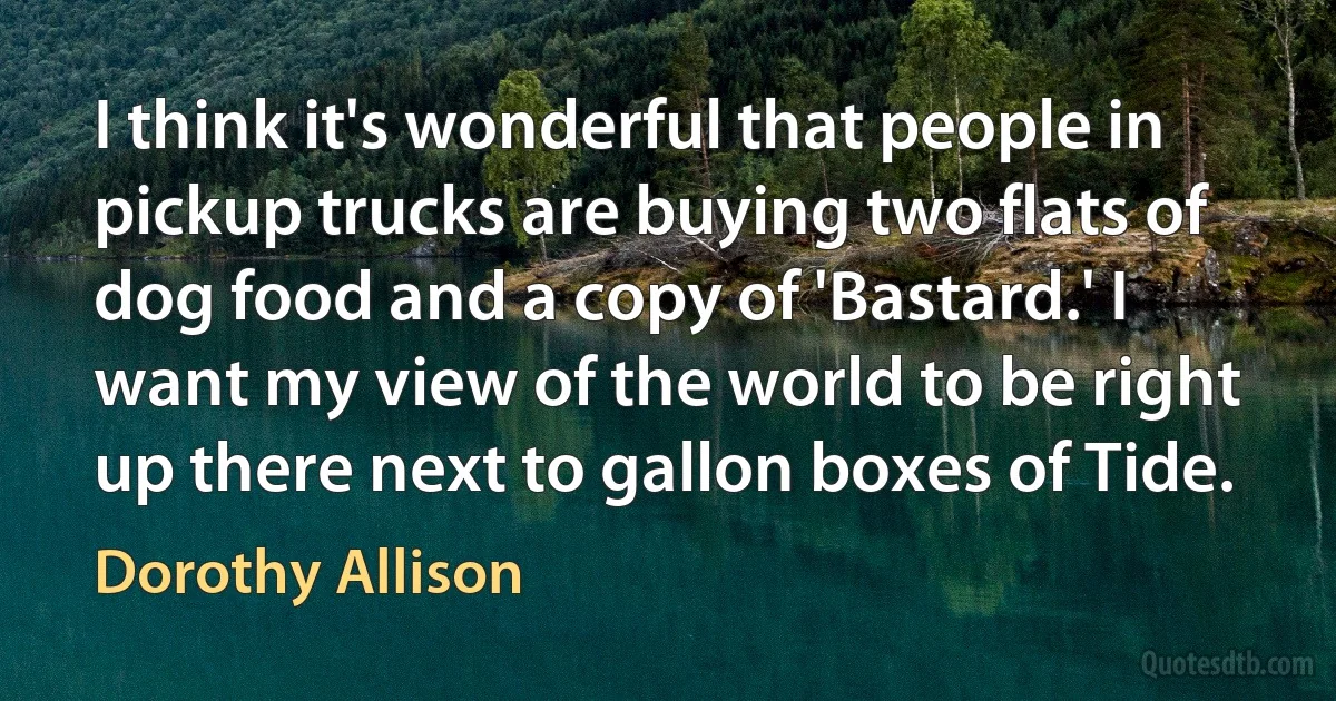 I think it's wonderful that people in pickup trucks are buying two flats of dog food and a copy of 'Bastard.' I want my view of the world to be right up there next to gallon boxes of Tide. (Dorothy Allison)