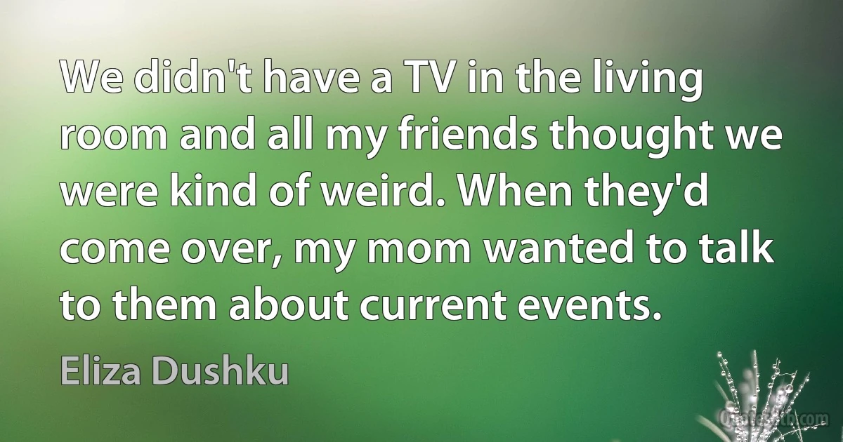 We didn't have a TV in the living room and all my friends thought we were kind of weird. When they'd come over, my mom wanted to talk to them about current events. (Eliza Dushku)