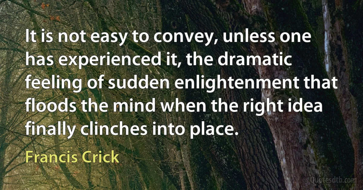 It is not easy to convey, unless one has experienced it, the dramatic feeling of sudden enlightenment that floods the mind when the right idea finally clinches into place. (Francis Crick)