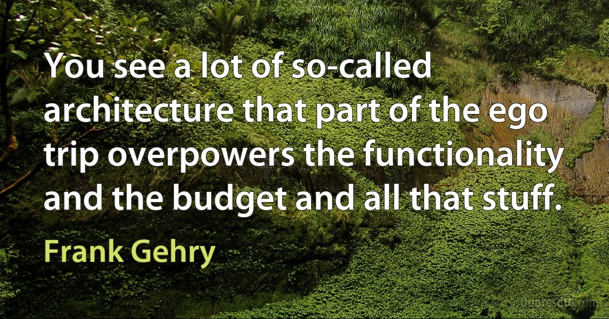 You see a lot of so-called architecture that part of the ego trip overpowers the functionality and the budget and all that stuff. (Frank Gehry)