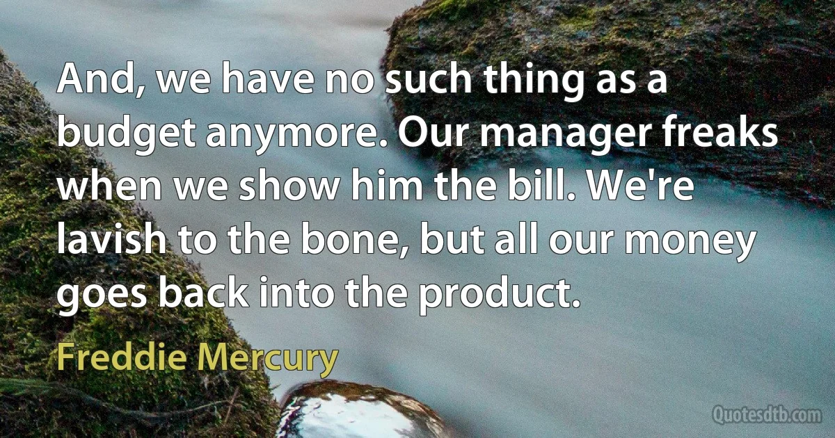 And, we have no such thing as a budget anymore. Our manager freaks when we show him the bill. We're lavish to the bone, but all our money goes back into the product. (Freddie Mercury)