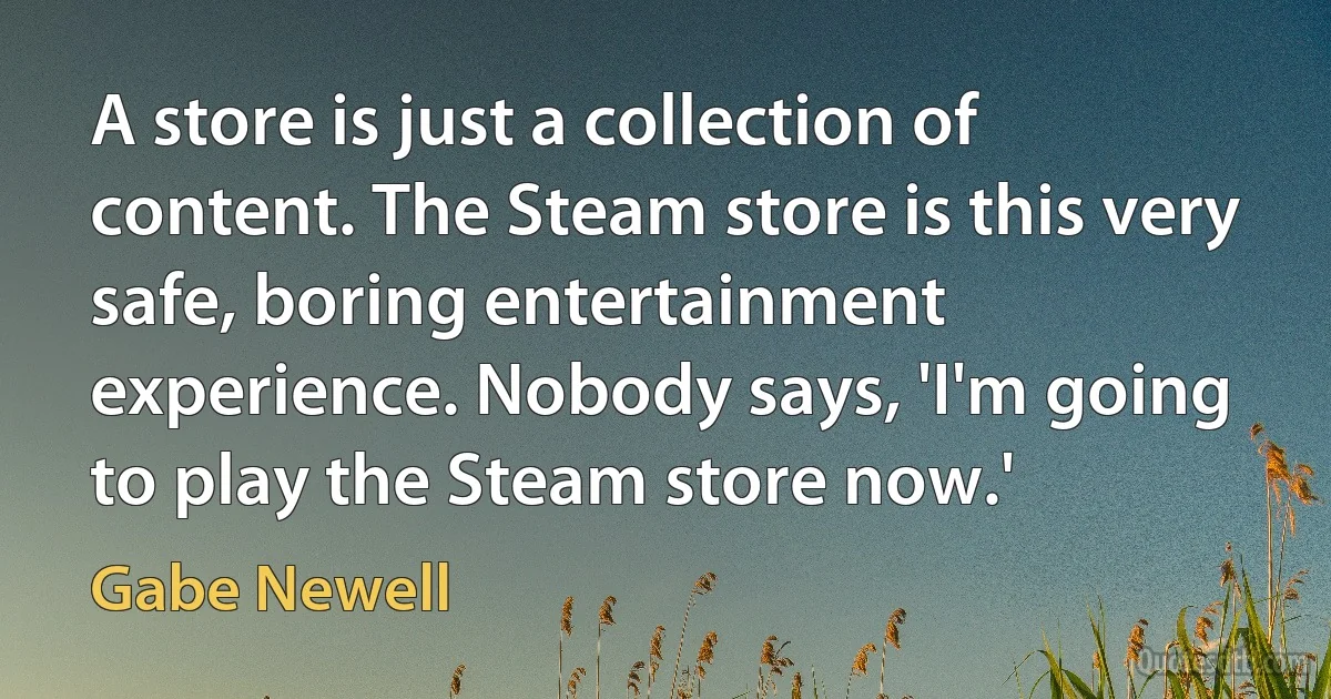 A store is just a collection of content. The Steam store is this very safe, boring entertainment experience. Nobody says, 'I'm going to play the Steam store now.' (Gabe Newell)