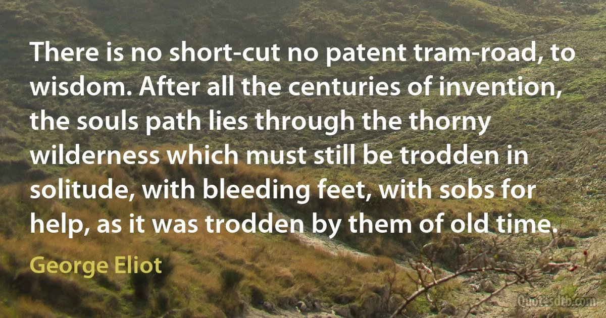 There is no short-cut no patent tram-road, to wisdom. After all the centuries of invention, the souls path lies through the thorny wilderness which must still be trodden in solitude, with bleeding feet, with sobs for help, as it was trodden by them of old time. (George Eliot)