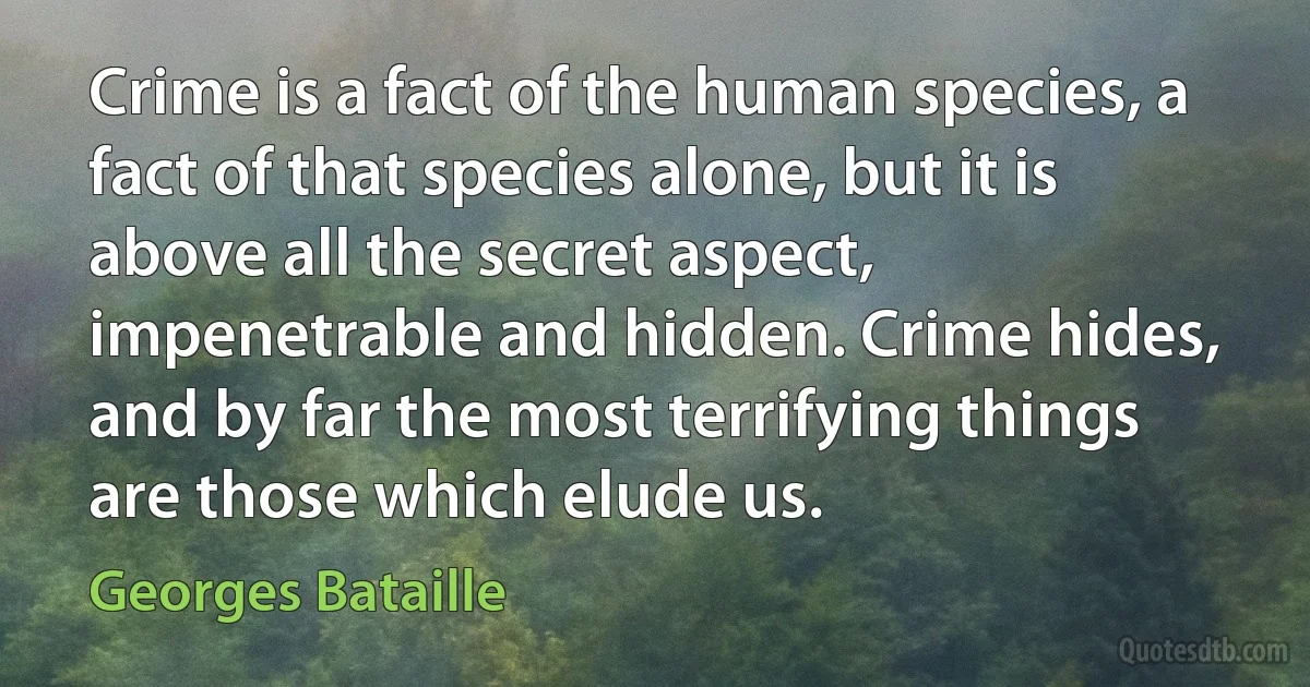 Crime is a fact of the human species, a fact of that species alone, but it is above all the secret aspect, impenetrable and hidden. Crime hides, and by far the most terrifying things are those which elude us. (Georges Bataille)