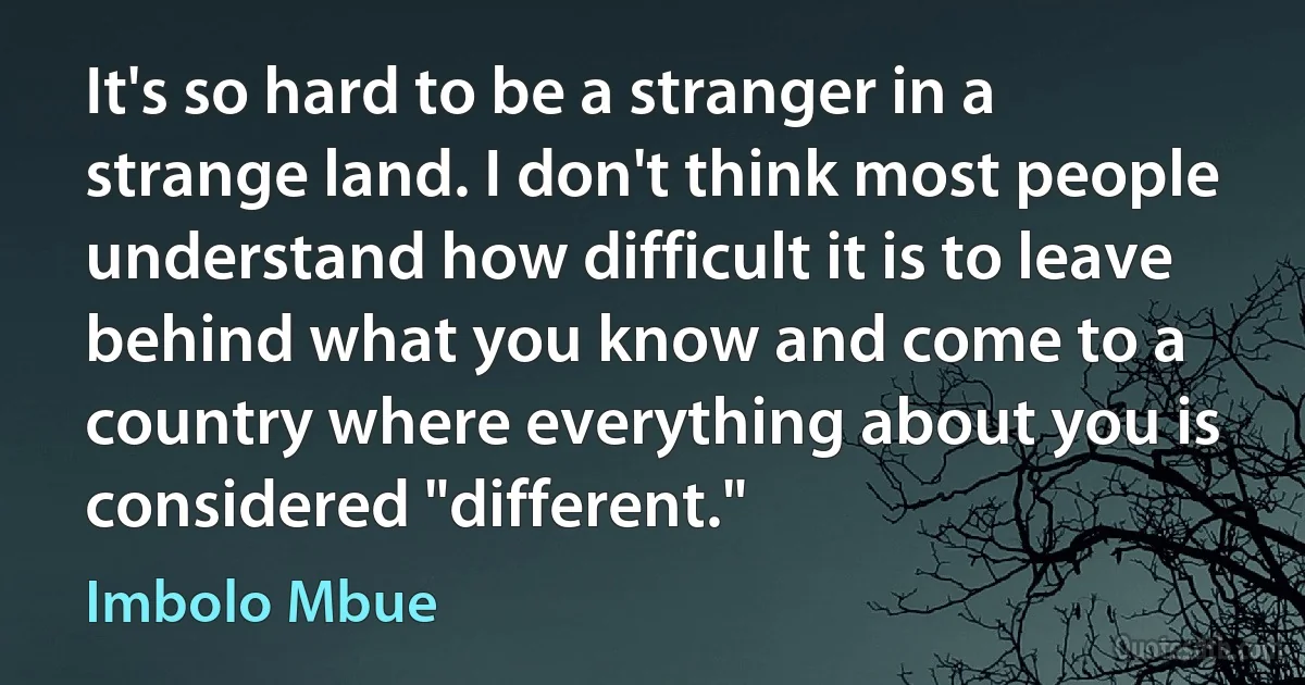 It's so hard to be a stranger in a strange land. I don't think most people understand how difficult it is to leave behind what you know and come to a country where everything about you is considered "different." (Imbolo Mbue)