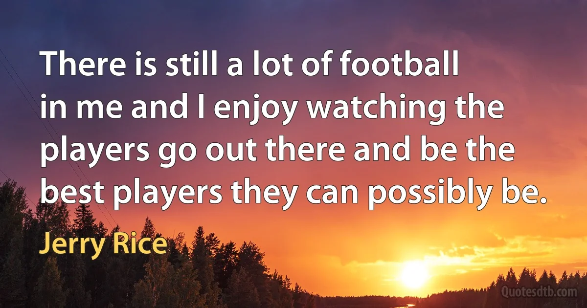 There is still a lot of football in me and I enjoy watching the players go out there and be the best players they can possibly be. (Jerry Rice)