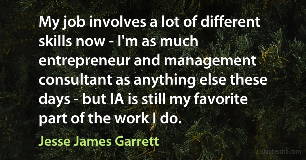 My job involves a lot of different skills now - I'm as much entrepreneur and management consultant as anything else these days - but IA is still my favorite part of the work I do. (Jesse James Garrett)