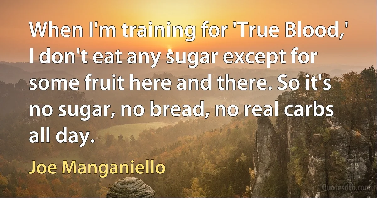 When I'm training for 'True Blood,' I don't eat any sugar except for some fruit here and there. So it's no sugar, no bread, no real carbs all day. (Joe Manganiello)