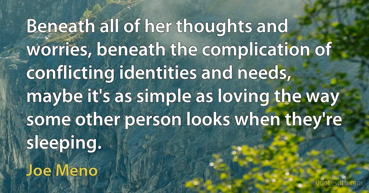 Beneath all of her thoughts and worries, beneath the complication of conflicting identities and needs, maybe it's as simple as loving the way some other person looks when they're sleeping. (Joe Meno)