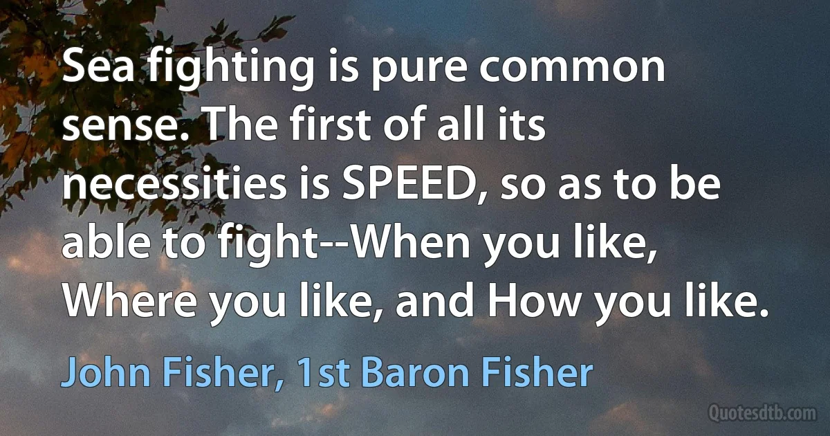 Sea fighting is pure common sense. The first of all its necessities is SPEED, so as to be able to fight--When you like, Where you like, and How you like. (John Fisher, 1st Baron Fisher)