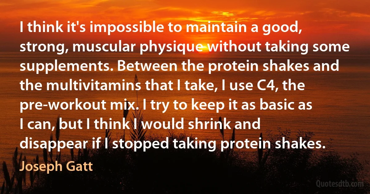 I think it's impossible to maintain a good, strong, muscular physique without taking some supplements. Between the protein shakes and the multivitamins that I take, I use C4, the pre-workout mix. I try to keep it as basic as I can, but I think I would shrink and disappear if I stopped taking protein shakes. (Joseph Gatt)