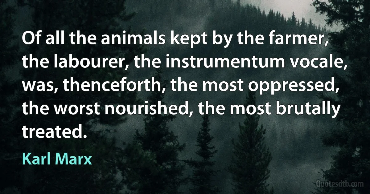 Of all the animals kept by the farmer, the labourer, the instrumentum vocale, was, thenceforth, the most oppressed, the worst nourished, the most brutally treated. (Karl Marx)