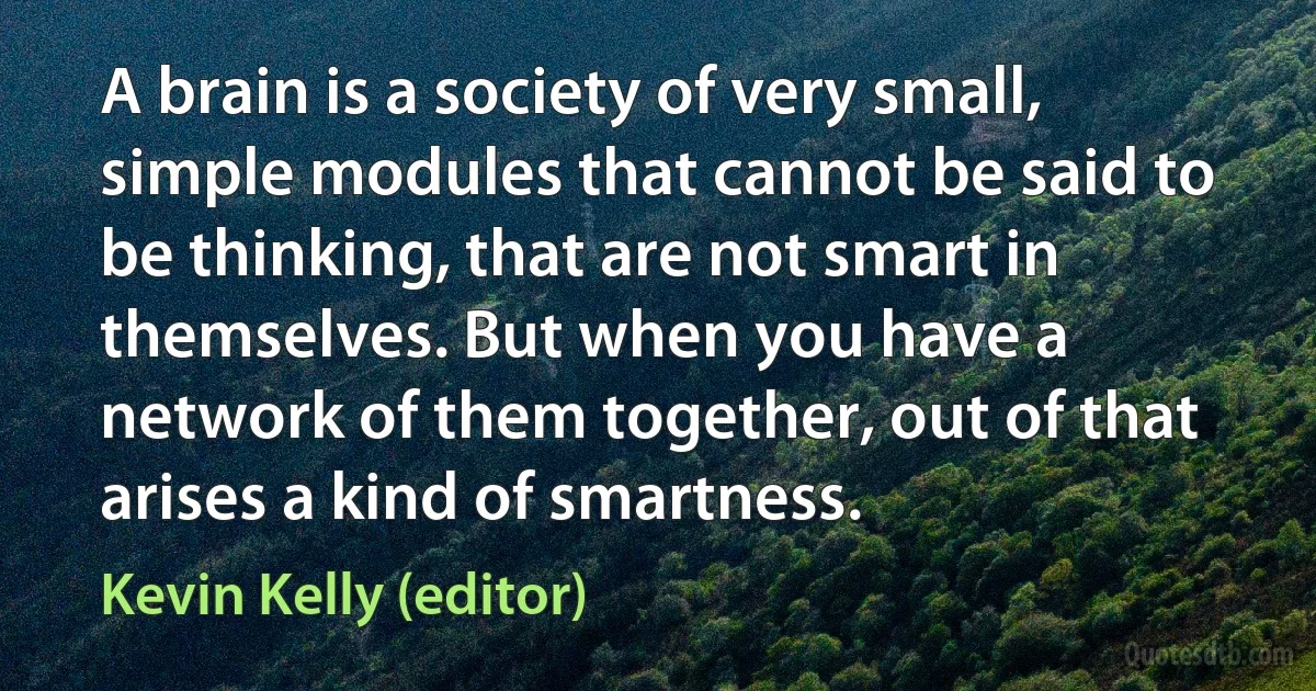 A brain is a society of very small, simple modules that cannot be said to be thinking, that are not smart in themselves. But when you have a network of them together, out of that arises a kind of smartness. (Kevin Kelly (editor))