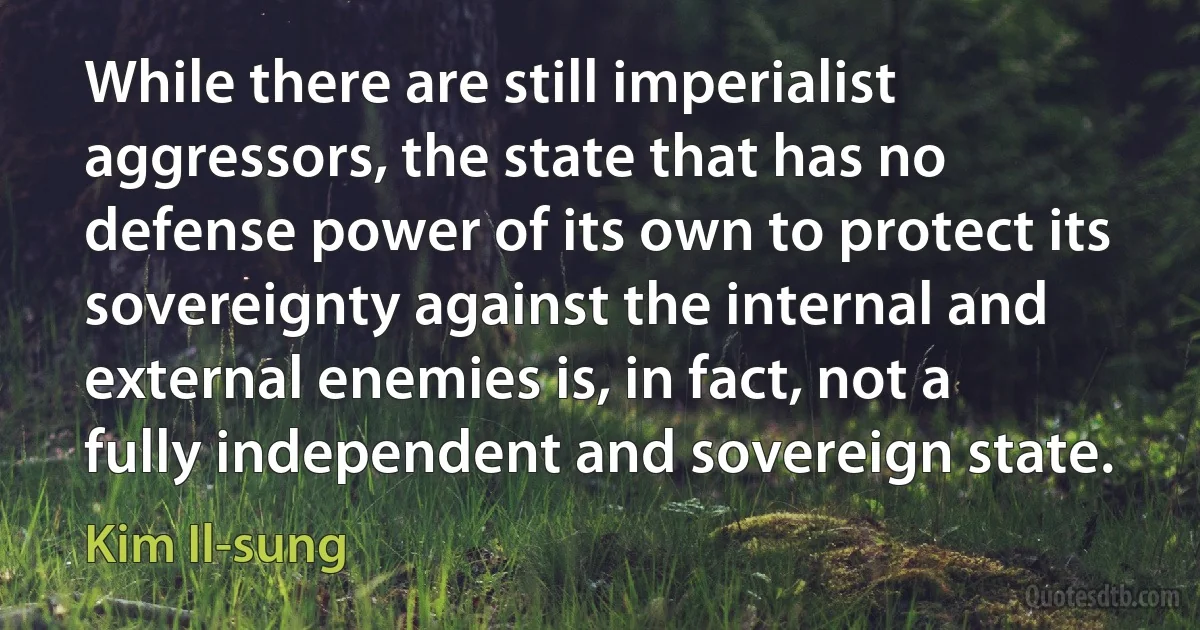 While there are still imperialist aggressors, the state that has no defense power of its own to protect its sovereignty against the internal and external enemies is, in fact, not a fully independent and sovereign state. (Kim Il-sung)