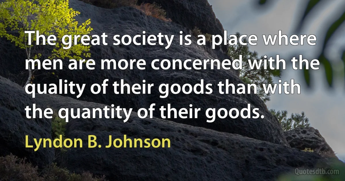 The great society is a place where men are more concerned with the quality of their goods than with the quantity of their goods. (Lyndon B. Johnson)