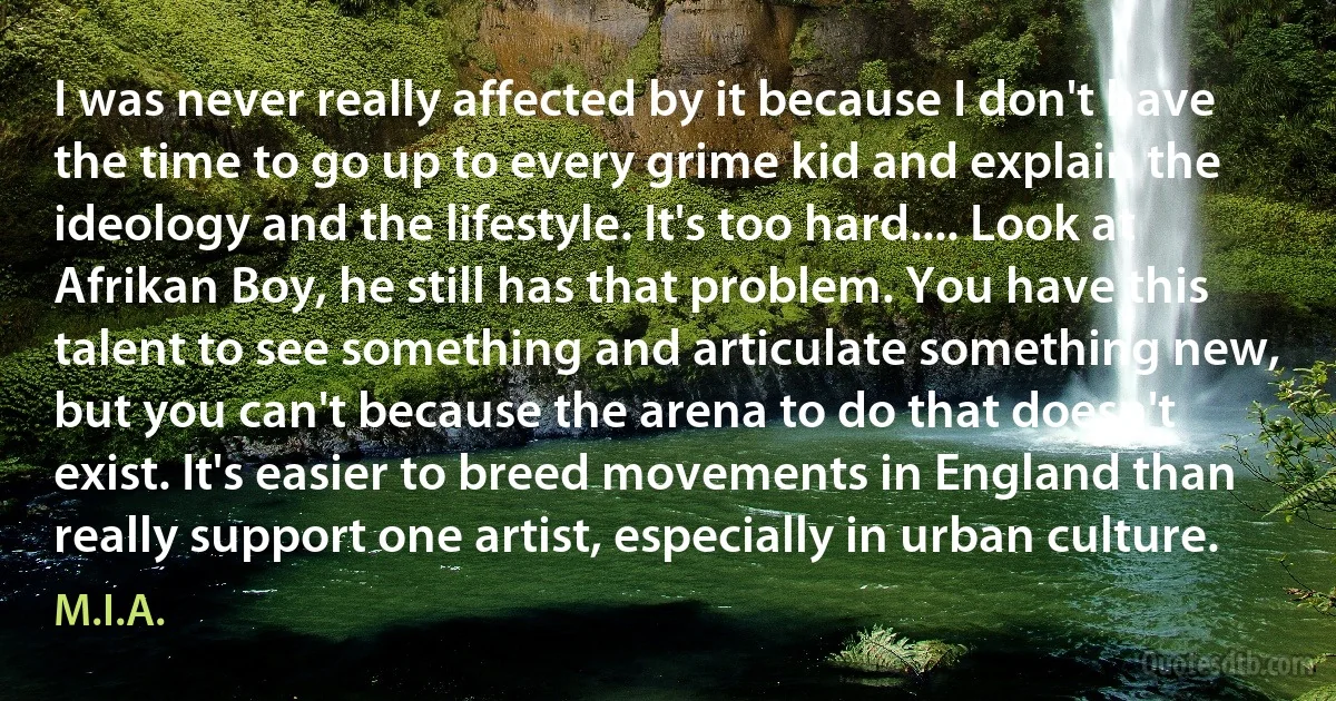 I was never really affected by it because I don't have the time to go up to every grime kid and explain the ideology and the lifestyle. It's too hard.... Look at Afrikan Boy, he still has that problem. You have this talent to see something and articulate something new, but you can't because the arena to do that doesn't exist. It's easier to breed movements in England than really support one artist, especially in urban culture. (M.I.A.)