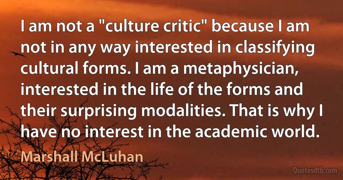 I am not a "culture critic" because I am not in any way interested in classifying cultural forms. I am a metaphysician, interested in the life of the forms and their surprising modalities. That is why I have no interest in the academic world. (Marshall McLuhan)